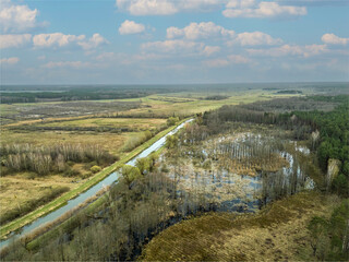Beautiful drone view of the spring floodwaters of the river, panorama.