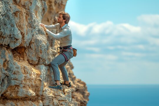 Individual rock climbing with earphones on