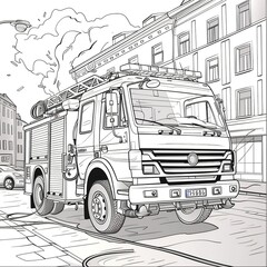 This vibrant illustration showcases a modern fire rescue vehicle fully equipped, rushing through a city to respond to an emergency, ideal for children's coloring.