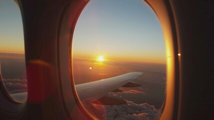 sunrise or sunset view from plane window, tourism and travel concept