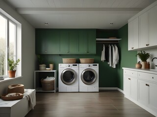White and green laundry room interior
