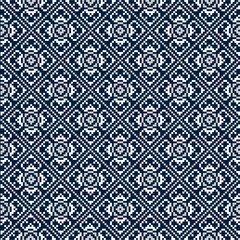Asian Traditional  flower pattern in dark blue  with pixel art design for wall paper, textile and carpet 