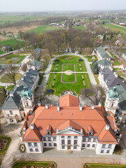 Kozlowka, Poland, Museum in the Kozlowka Zamoyskich. A park full of flowers, Palace garden in the museum Zamoyskich w Kozłówce. View from the drone.