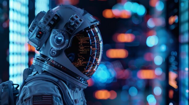 A futuristic spaceman reading programming code with it being reflected over his space helmet.