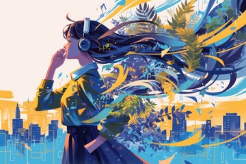 A colorful illustration of an urban woman with long hair, wearing headphones and listening to music that visualizes the concept of 'AI for mental health'. 