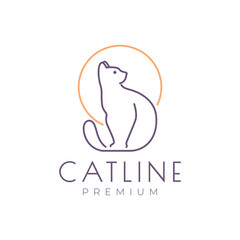 cat sit line minimal character logo design vector