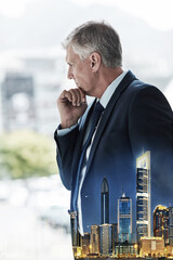 Mature man, thinking and double exposure with cityscape for property portfolio, buildings and...