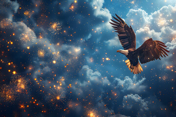 Fototapeta premium Flying eagle with American flag and fireworks on background, 4 July Independence Day celebration.