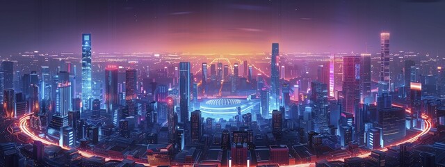Obraz premium Experience the electrifying atmosphere of a neon sports arena, set amidst a futuristic cityscape with a dynamic design.