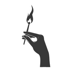 Silhouette hand holding burning match black color only