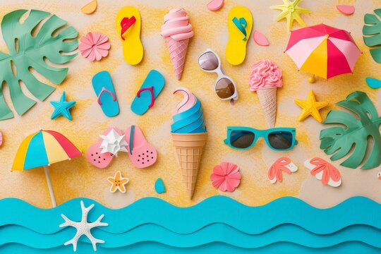 A collage of colorful paper cutouts representing summer elements ice cream cones, sunglasses, flip flops, and a beach umbrella on a textured sandy background - Powered by Adobe