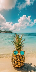 Funny Pineapple on Beach with Blue Ocean Background. Perfect for a Turquoise and Citrus Honeymoon