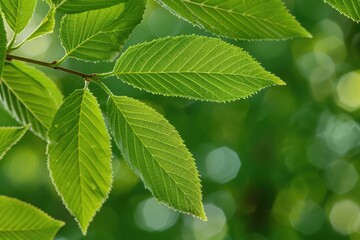 Fototapeta na wymiar Macro Shot of Ulmus Americana Leaves - Close-up Nature Photography of American Elm Tree's Stem