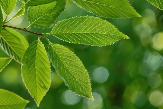Macro Shot of Ulmus Americana Leaves - Close-up Nature Photography of American Elm Tree's Stem
