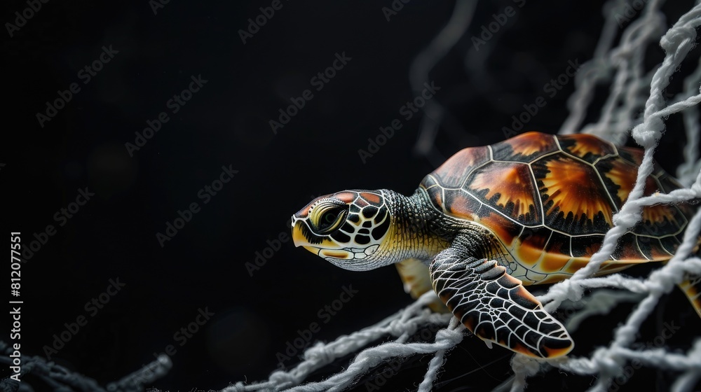 Poster A miniature turtle figurine ensnared in a stark white net against a contrasting black backdrop symbolizing the essence of World Ocean Day with simplicity and elegance