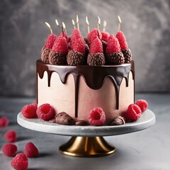chocolate cake with berries and candles 