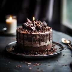 chocolate cake  and candles on the table