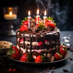 chocolate cake with strawberries and candles on the table