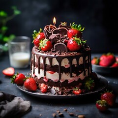 chocolate cake with strawberries and candles on the table