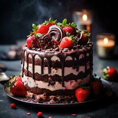 chocolate cake with strawberries and candles on the table