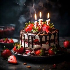 chocolate cake with strawberries and candles on the table