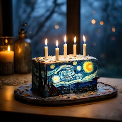 Inspired birthday cake with burning candles 