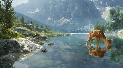  deer with landscape , lake and mountains