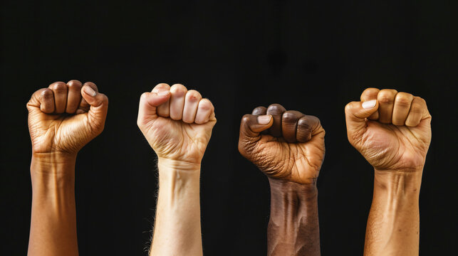 Group of raised hands fist protest up in the air, rights and equality Unity on black dark background