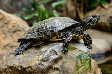 Obraz premium Slow and Steady: Cute California Western Pond Turtle Relaxing on a Rock in Nature's Duck Pond