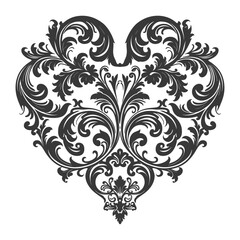 Silhouette Hearth shape Baroque ornament with filigree floral element black color only