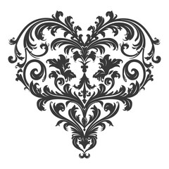 Silhouette Hearth shape Baroque ornament with filigree floral element black color only