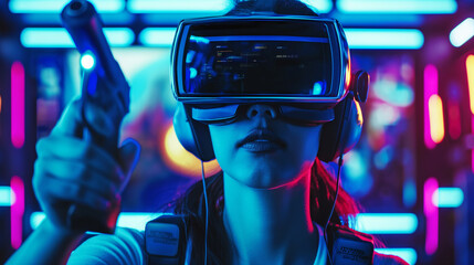 Gamer with virtual reality glasses playing video game with controller and vr headset, enjoying online playing with futuristic 3d simulation in studio.