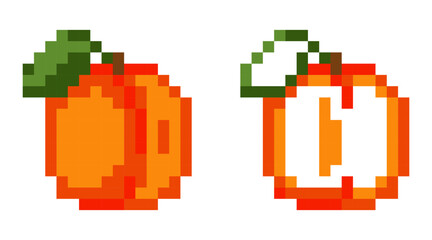 Obraz premium Variations of peach pixel icons on a white background. Vector geometric design for a logo or brand. 