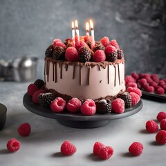 Birthday cake with mixed berries and lit candles, scattered with raspberries