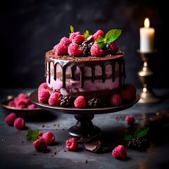 chocolate cake with raspberries and a burning candle