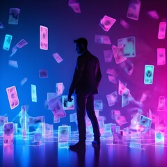 A young businessman with banknotes flying around him on a colorful background