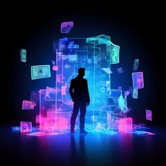 A young businessman with banknotes flying around him on a colorful background