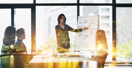 Business people, double exposure and woman with presentation, speaker and city lights with...