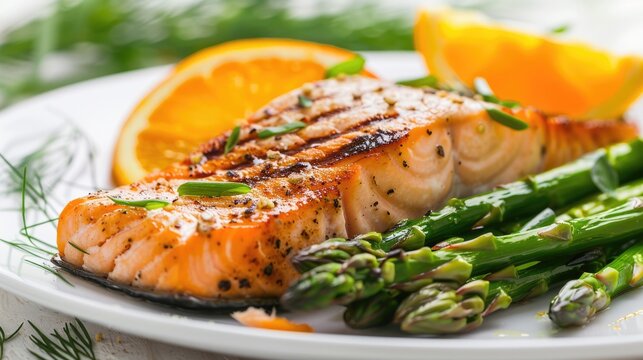 Grilled Coho Salmon Filet with Fresh Asparagus. Healthy and Delicious Salmon Dinner with Vibrant
