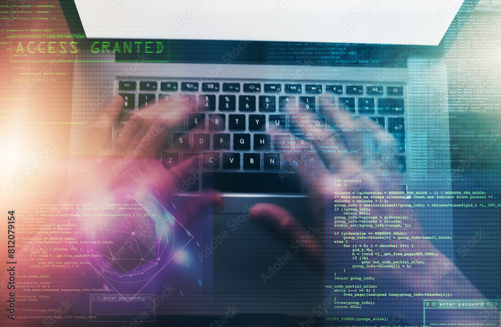 Poster Hands, holographic and man with laptop, hacker and coding with internet, system and keyboard. Person, programmer and guy with computer, overlay and cyber security with access and software update