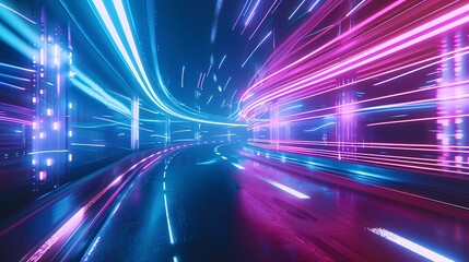 Blazing neon lights on a futuristic highway