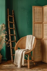 Elegant Scandinavian Room with Peacock Chair, Rattan, Ladder, Blanket, Wooden Screen and Green