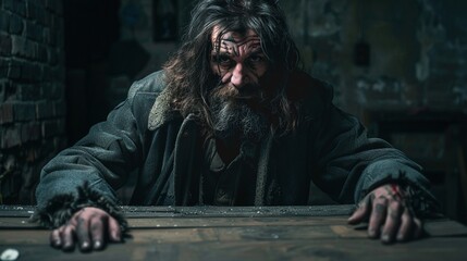 An old homeless man with long hair and beard sitting at the table in dark basement.