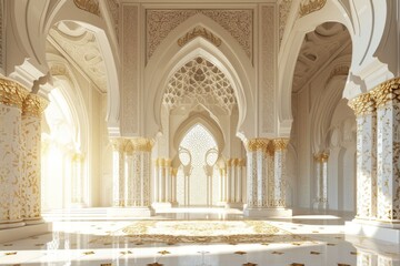 Fototapeta na wymiar Mosque elements in ornate , Islamic architecture style interior. White, golden colors, stars Ramadan Kareem. Muslim community festival, AI-generated