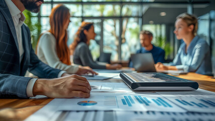 A team of professionals in a brainstorming session with data, graphs, and charts. Ideal for brainstorming, problem solving or meeting related content.