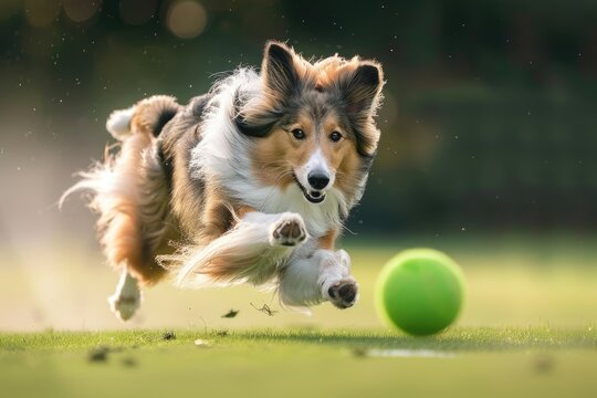 Canine Flyball Competition: Shetland Sheepdog Racing to Catch the Ball in Action-Packed Sport Event