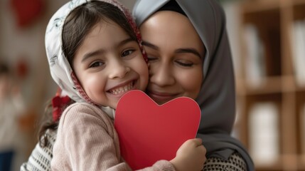 A joy filled little girl beams while clutching a handmade Mother s Day card adorned with a vibrant red heart wrapping her arms around her Muslim mother This heartwarming scene captures the s - Powered by Adobe