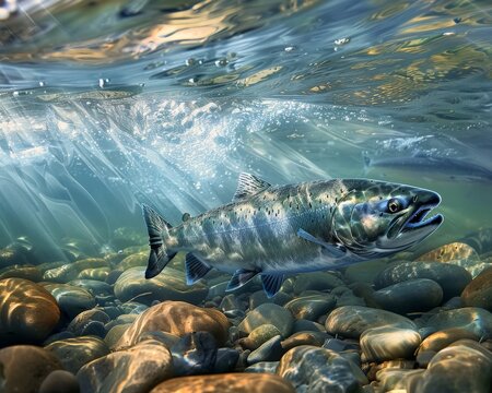 A photorealistic image of a salmon swimming upstream in a pristine river, symbolizing the importance of clean water and healthy ecosystems for food sources