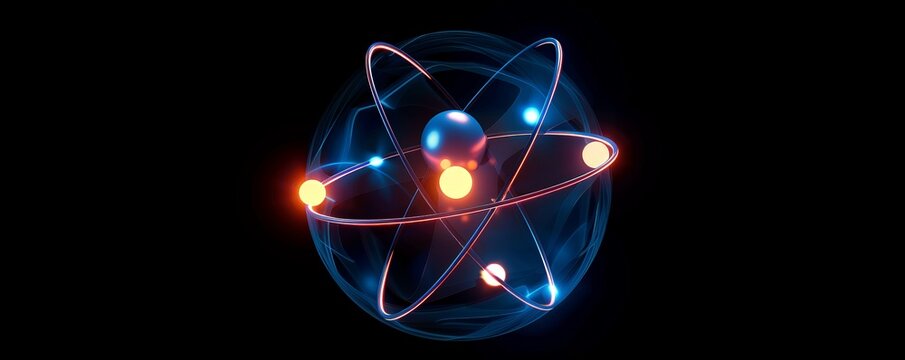A stylized atom with glowing spheres orbiting a central nucleus, set against a black background