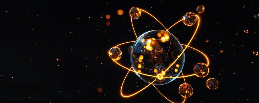 A stylized atom with glowing spheres orbiting a central nucleus, set against a black background